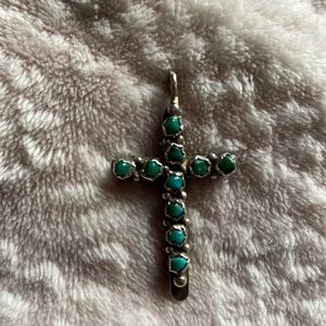 Beautiful Silver Reversible Turquoise and Coral Cross Pendant